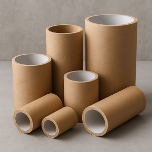Cylindrical paper cores of various sizes neatly arranged on a plain background, used for winding films, tapes, and foils.