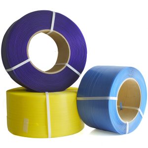Rolls of plastic strapping neatly coiled and displayed in different colors on a neutral background.