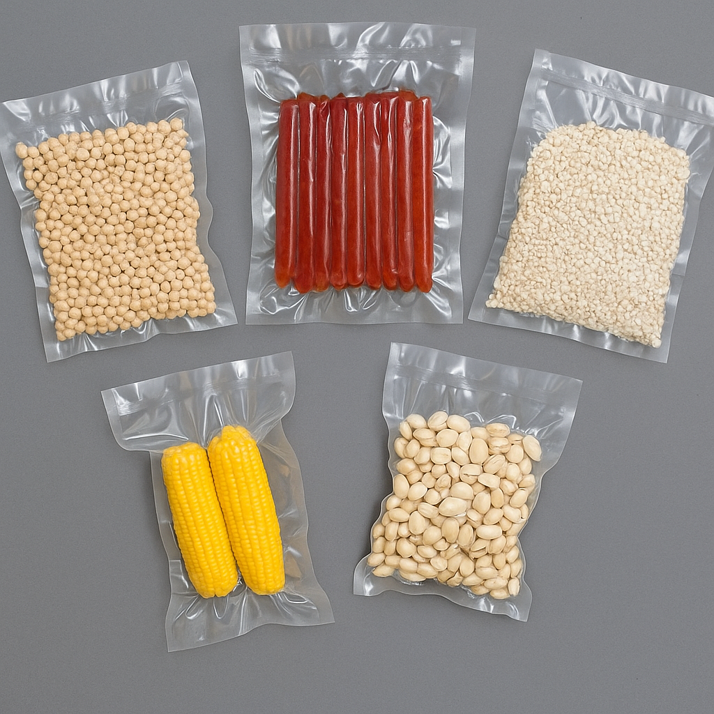 Five transparent sealed vacuum bags containing various food items including grains, corn, nuts, and meat sticks displayed on a gray background.